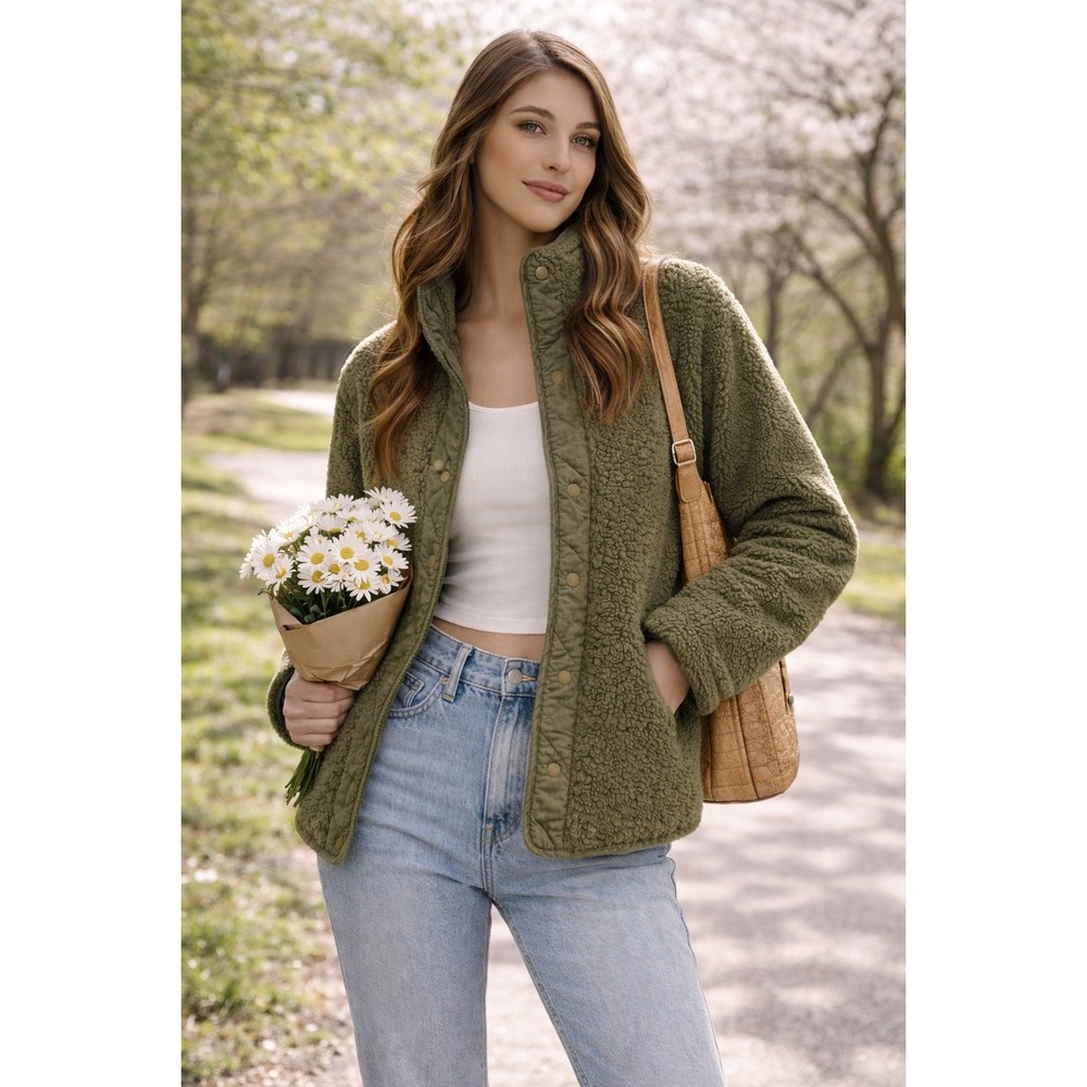 Abercrombie & Fitch FleeceSherpa Quilted Snap Jacket Olive Green Coat Sz L *Flaw